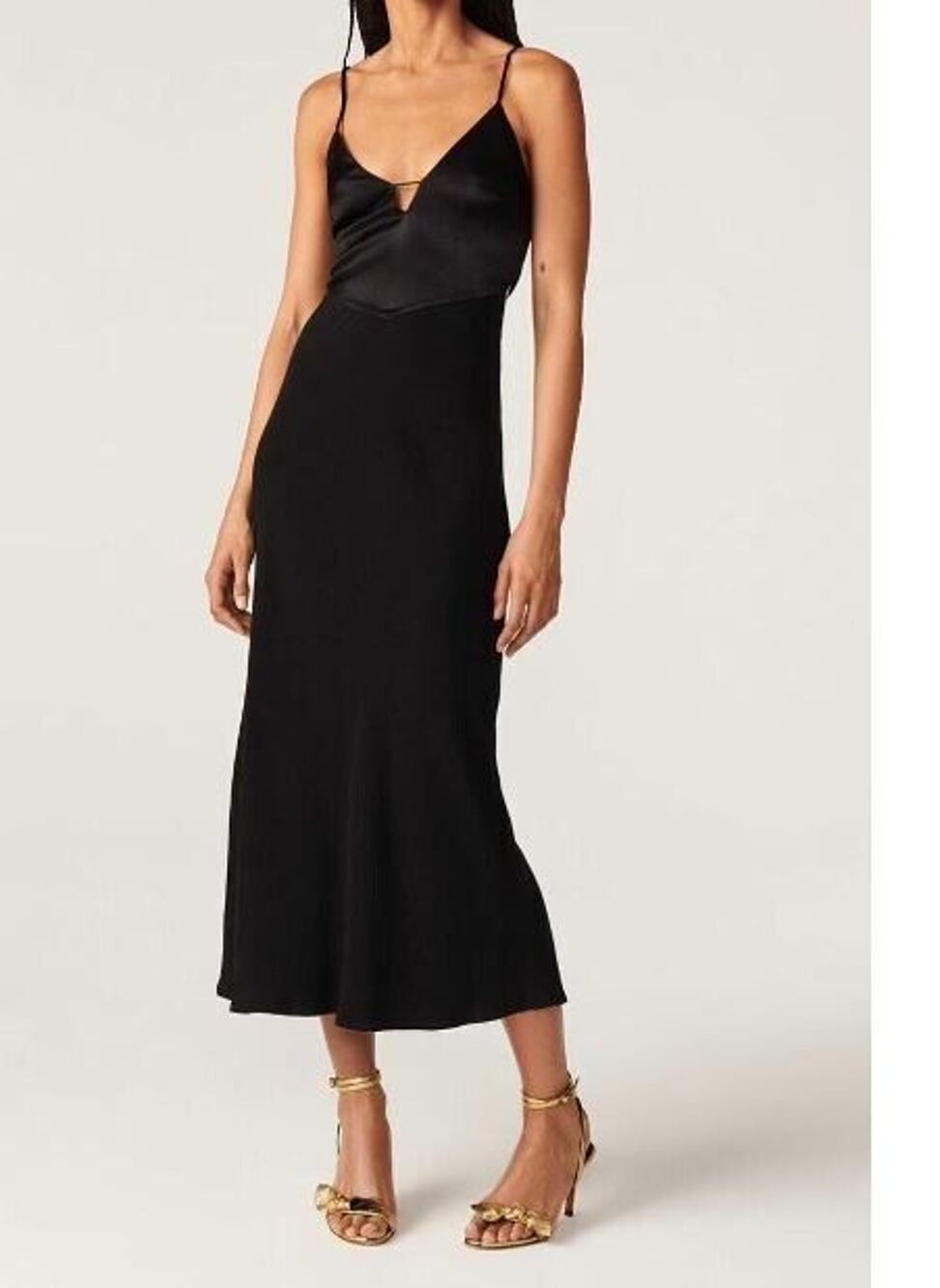 New BA&SH Ninon Satin Midi Slip Dress Open Back Cut Out Black Sz XS